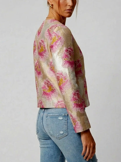 Floral Jacquard Cropped Jacket in Pink and Gold - Jackets