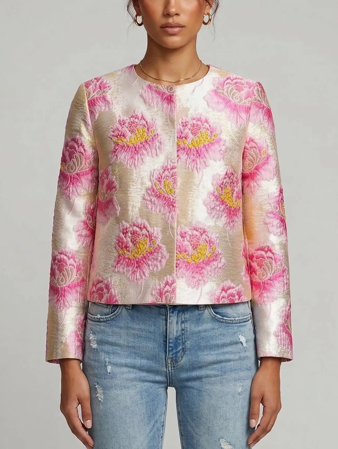 Floral Jacquard Cropped Jacket in Pink and Gold - Jackets