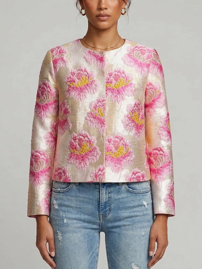 Floral Jacquard Cropped Jacket in Pink and Gold - Jackets