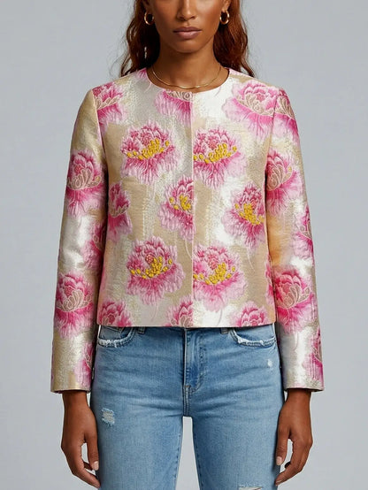 Floral Jacquard Cropped Jacket in Pink and Gold - Jackets