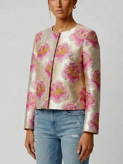 Floral Jacquard Cropped Jacket in Pink and Gold - Jackets