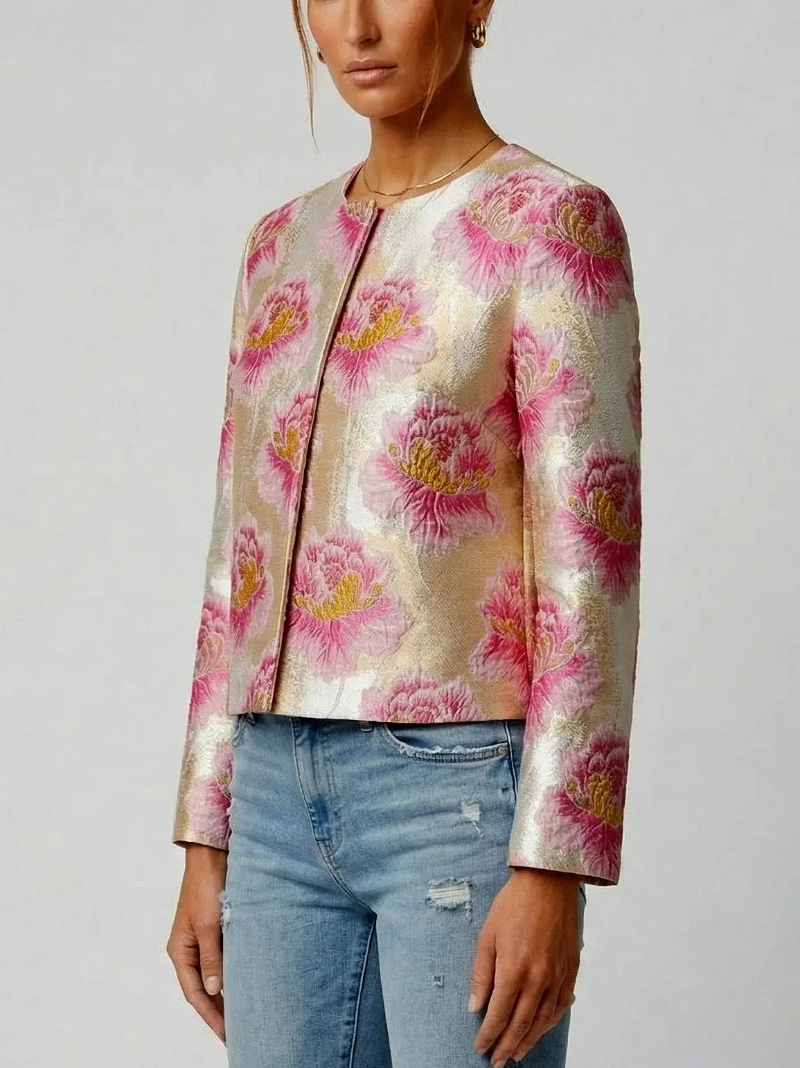 Floral Jacquard Cropped Jacket in Pink and Gold - Jackets