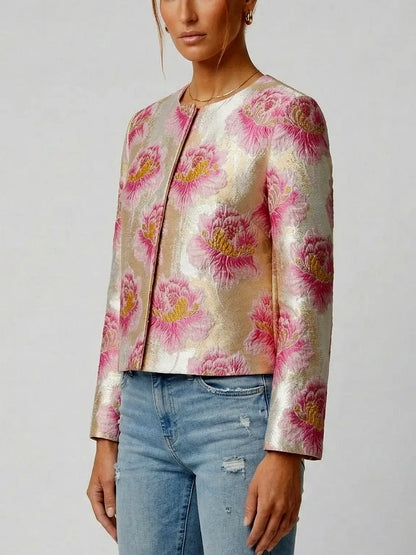 Floral Jacquard Cropped Jacket in Pink and Gold - Jackets