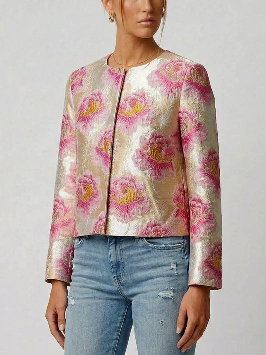Floral Jacquard Cropped Jacket in Pink and Gold - Jackets