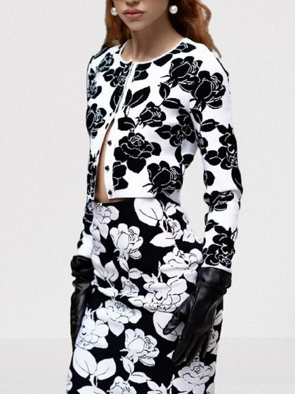 Floral Jacquard Knit Cardigan and Skirt Set - Suits & Sets