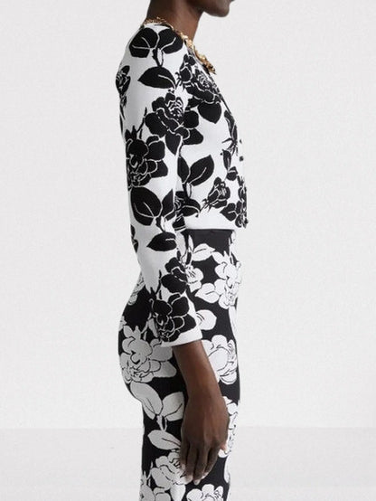 Floral Jacquard Knit Cardigan and Skirt Set - Suits & Sets