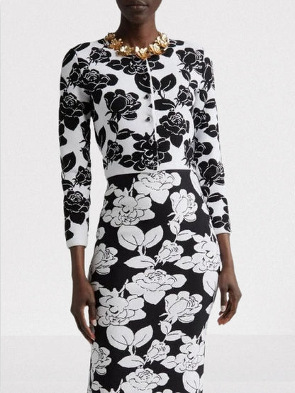 Floral Jacquard Knit Cardigan and Skirt Set - Suits & Sets
