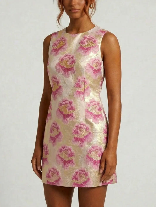 Floral Jacquard Mini Dress in Pink and Gold - Dresses