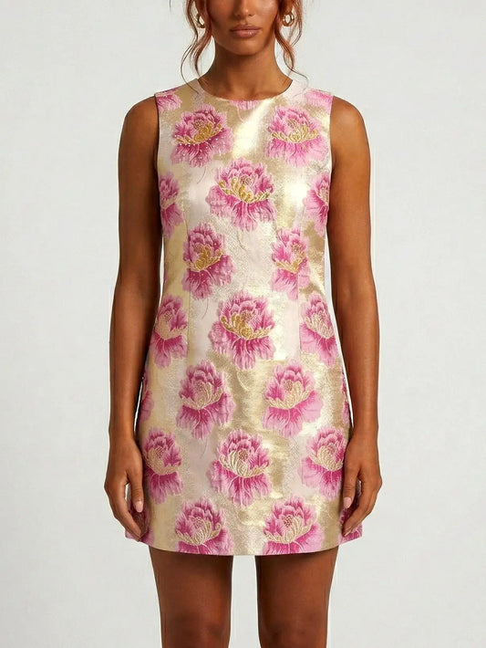 Floral Jacquard Mini Dress in Pink and Gold - S - Dresses