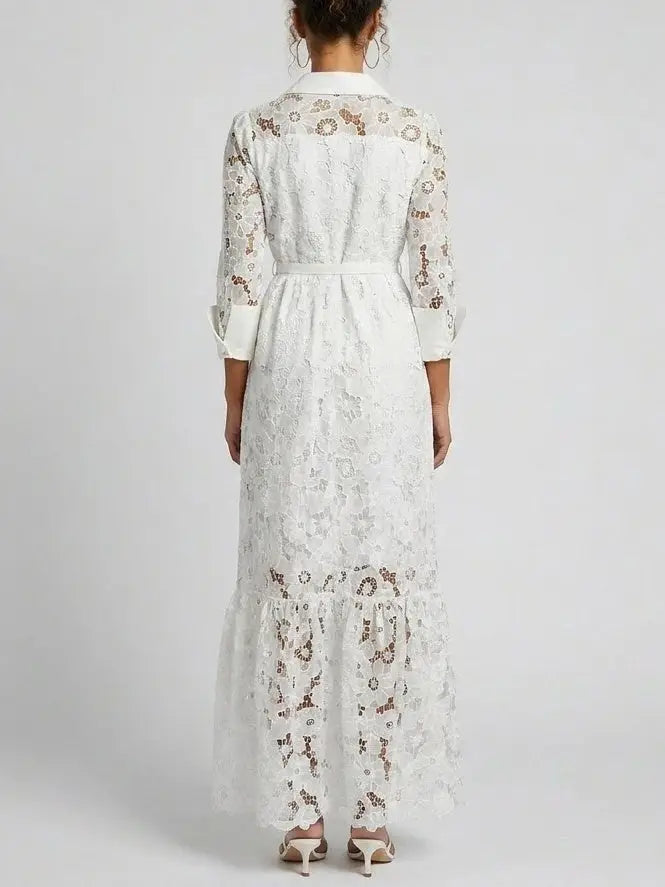 Floral Lace Belted Button-Front White Maxi Dress - Dresses