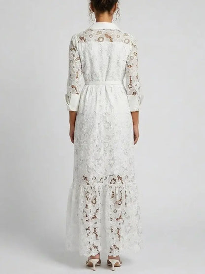 Floral Lace Belted Button-Front White Maxi Dress - Dresses