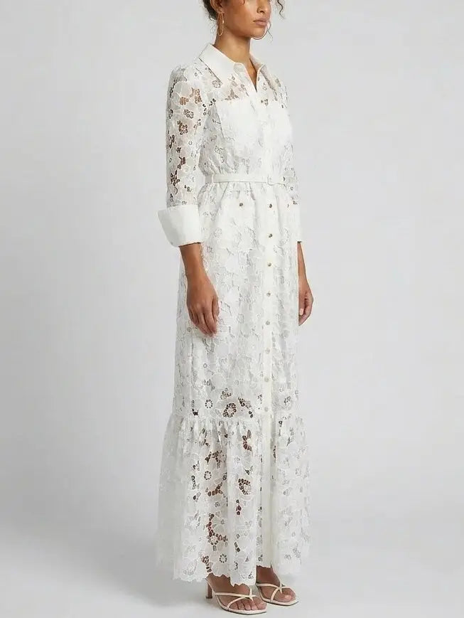 Floral Lace Belted Button-Front White Maxi Dress - Dresses
