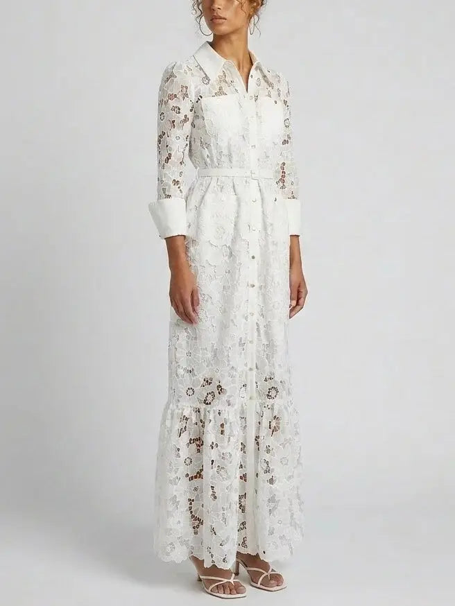 Floral Lace Belted Button-Front White Maxi Dress - Dresses