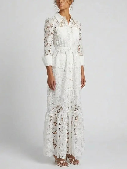Floral Lace Belted Button-Front White Maxi Dress - Dresses