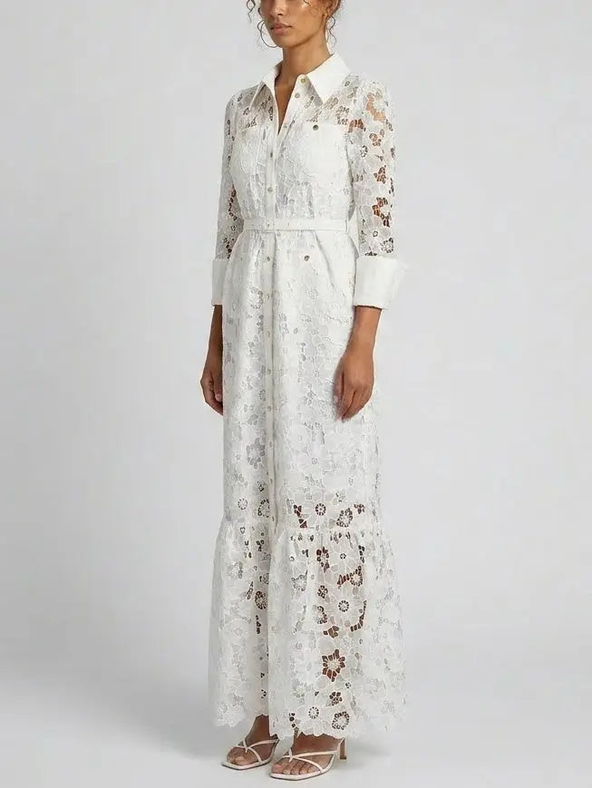 Floral Lace Belted Button-Front White Maxi Dress - Dresses