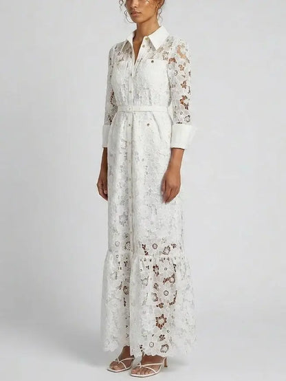 Floral Lace Belted Button-Front White Maxi Dress - Dresses