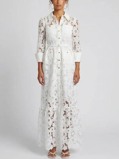 Floral Lace Belted Button-Front White Maxi Dress - Dresses