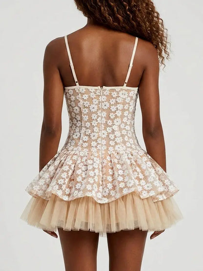 Floral Lace Corset Tulle Fit and Flare Mini Dress - Dresses