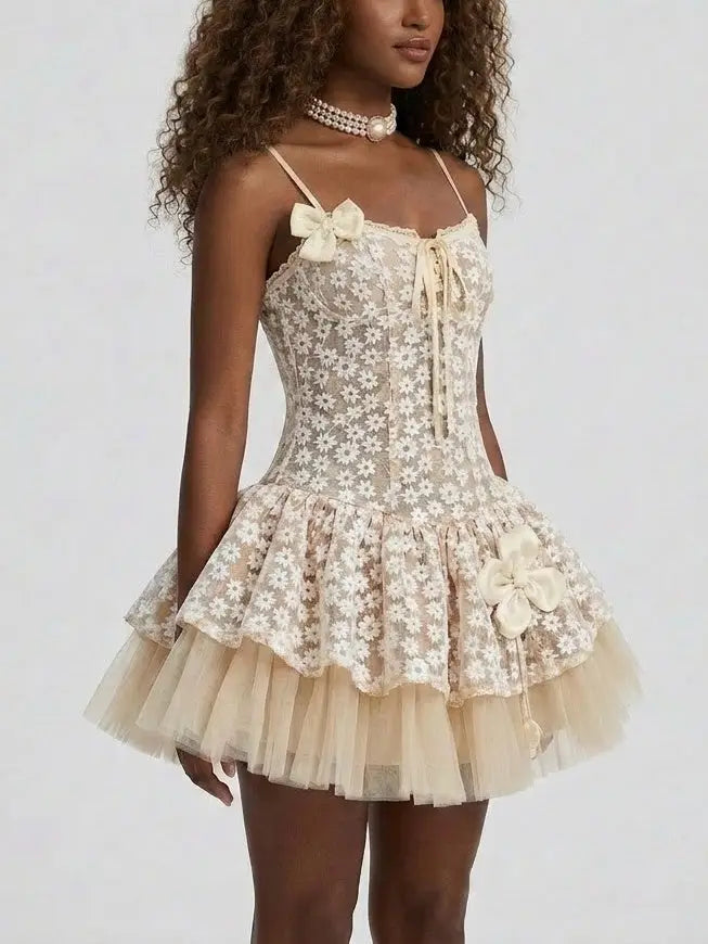 Floral Lace Corset Tulle Fit and Flare Mini Dress - Dresses