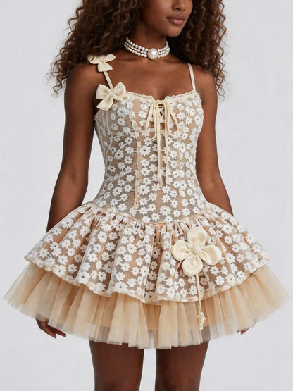 Floral Lace Corset Tulle Fit and Flare Mini Dress