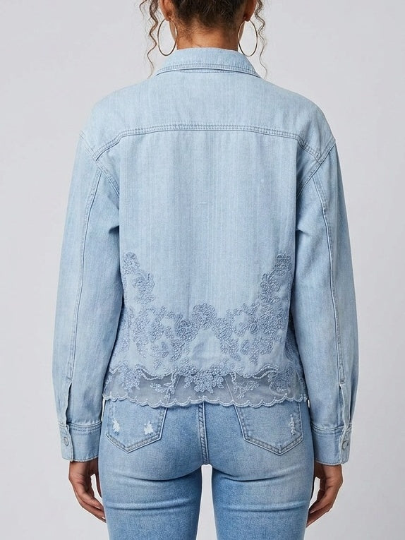 Floral Lace Embroidered Denim Shirt - Tops