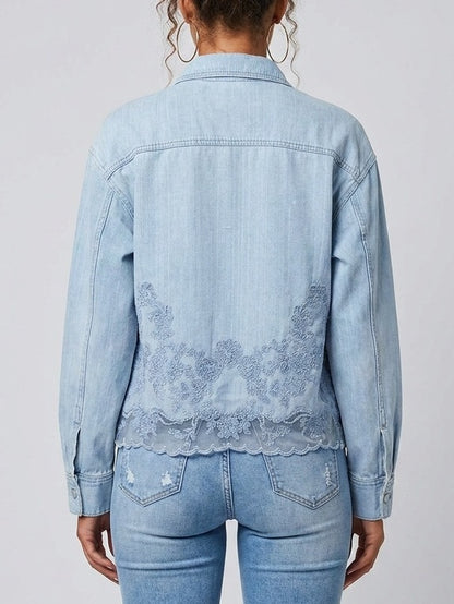 Floral Lace Embroidered Denim Shirt - Tops