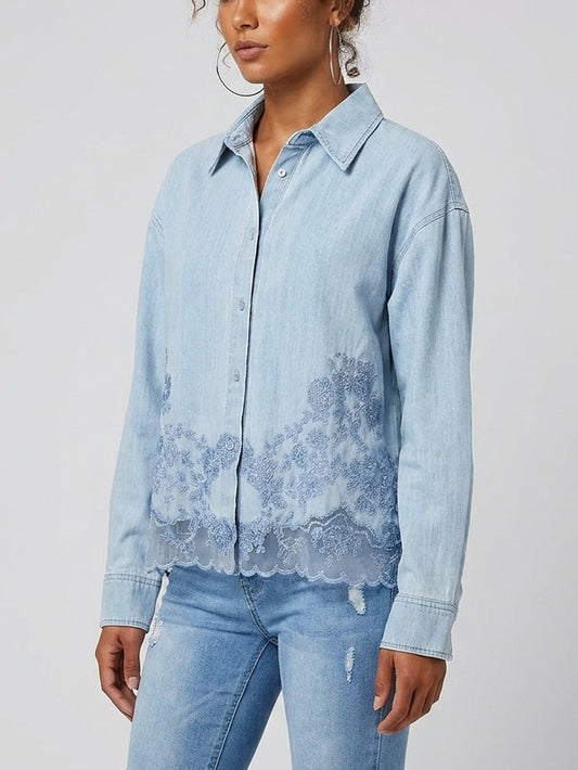 Floral Lace Embroidered Denim Shirt - Tops