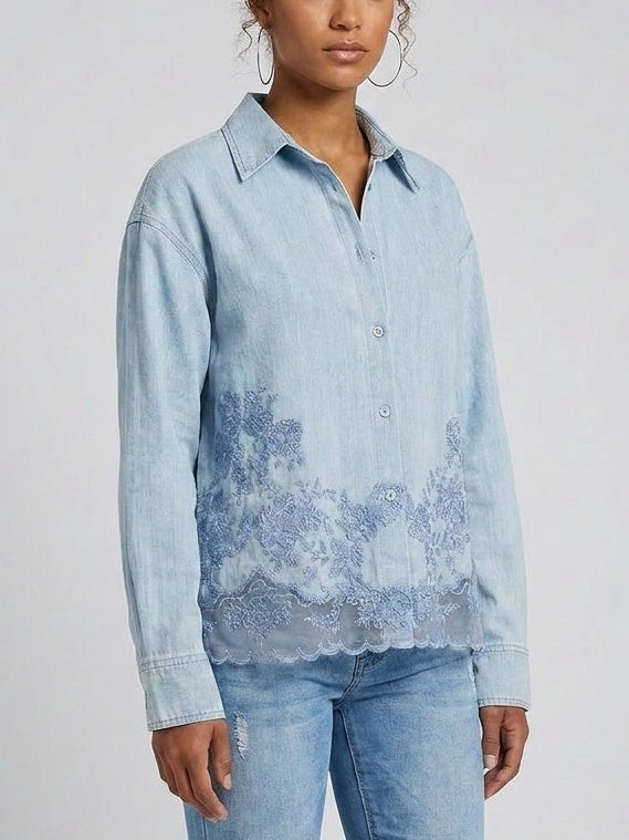 Floral Lace Embroidered Denim Shirt - Tops