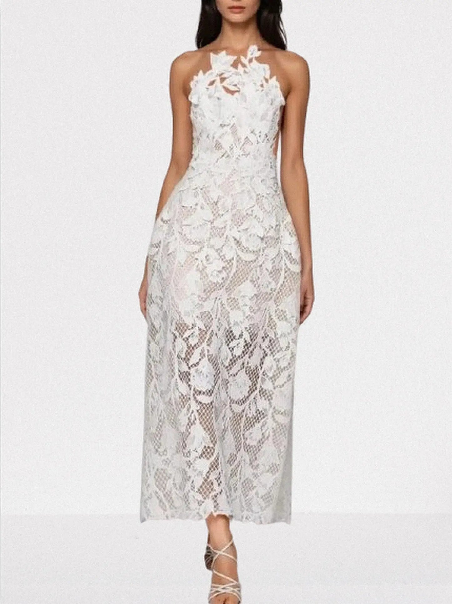Floral Lace Embroidered White Sleeveless Dress - Dresses