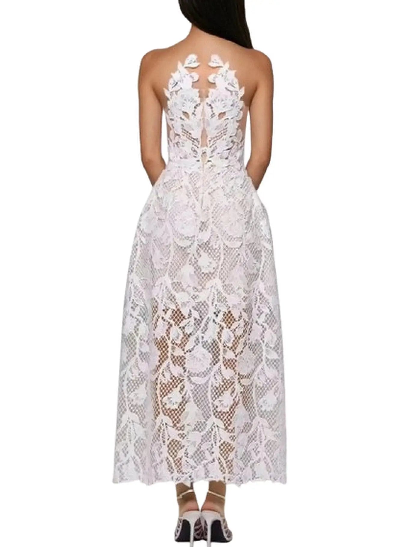 Floral Lace Embroidered White Sleeveless Dress - Dresses