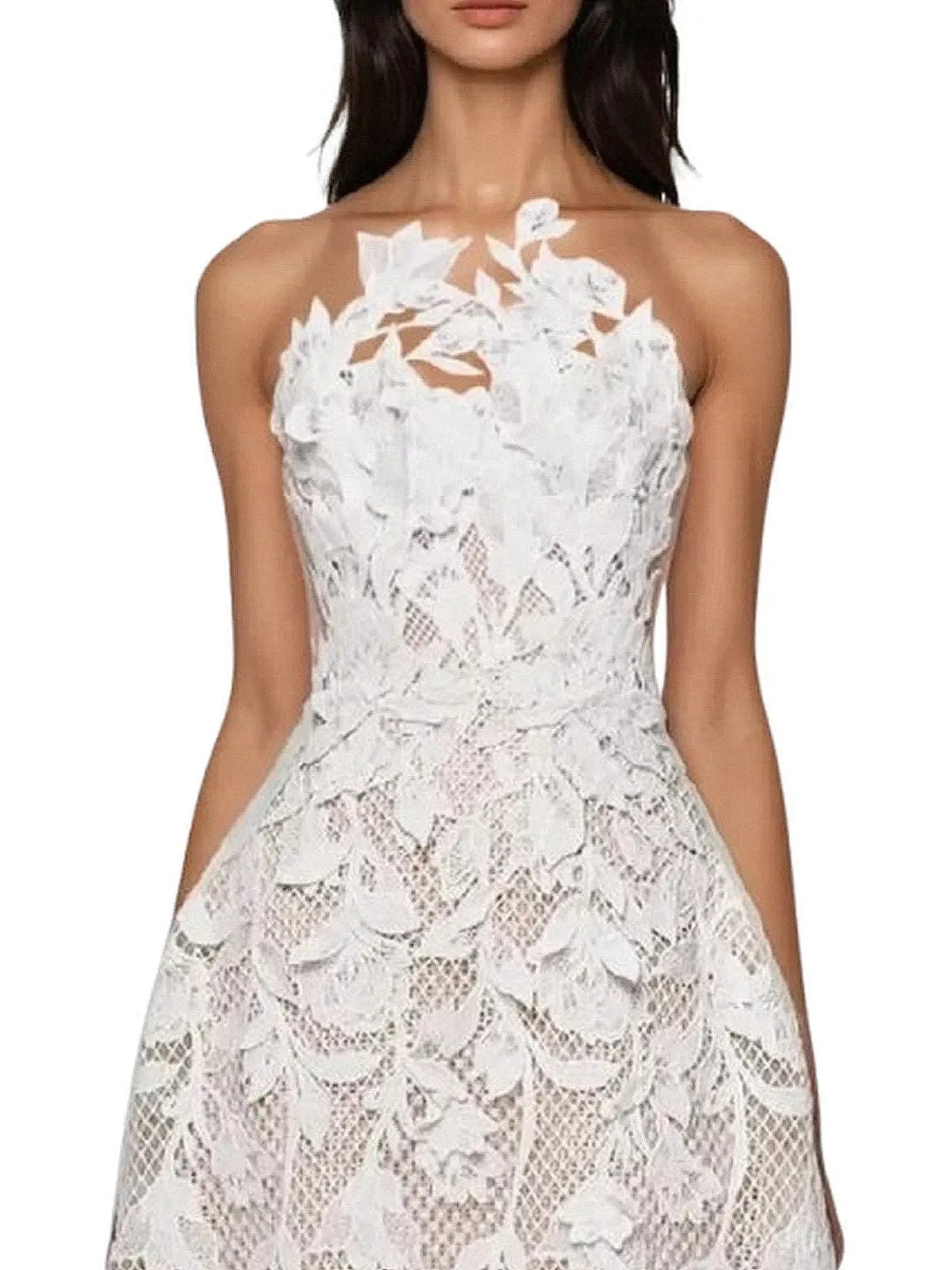 Floral Lace Embroidered White Sleeveless Dress - Dresses