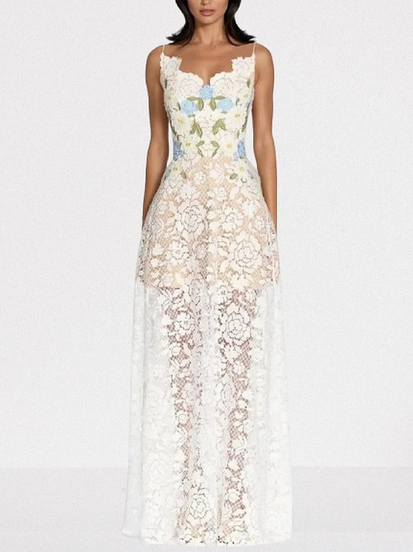 Floral Lace Sleeveless Maxi Dress - Dresses