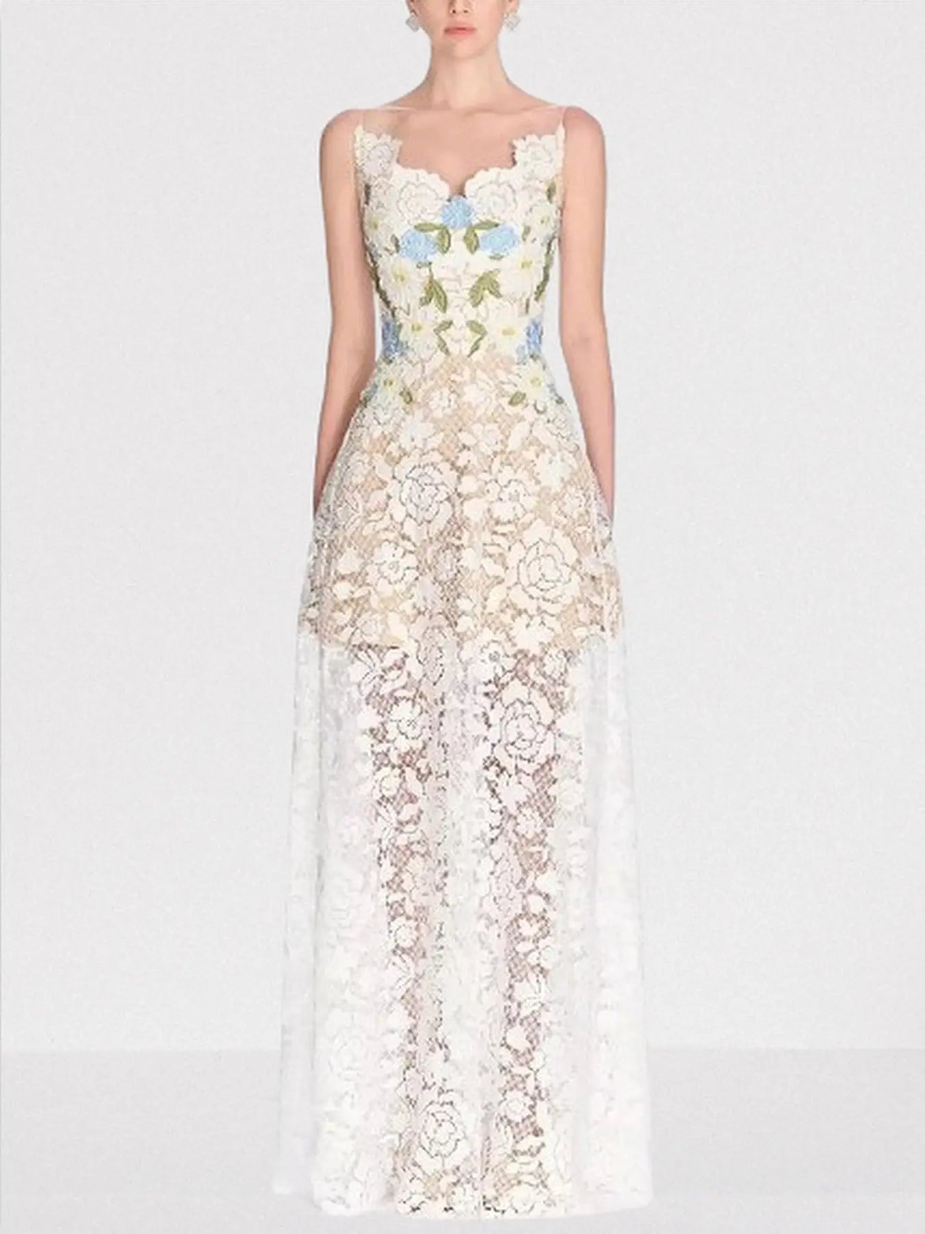 Floral Lace Sleeveless Maxi Dress - Dresses