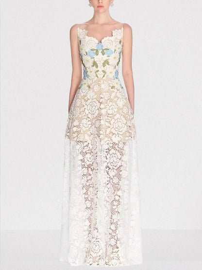 Floral Lace Sleeveless Maxi Dress - Dresses