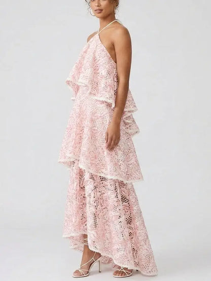 Belted Lace-Tiered Paneled Midi Dress - Dresses