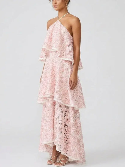 Belted Lace-Tiered Paneled Midi Dress - Dresses