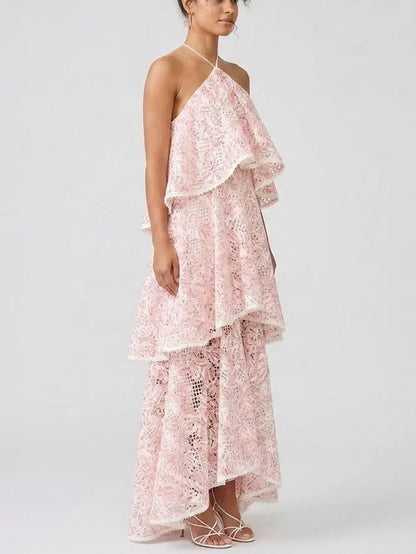 Belted Lace-Tiered Paneled Midi Dress - Dresses