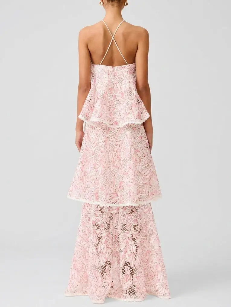 Belted Lace-Tiered Paneled Midi Dress - Dresses