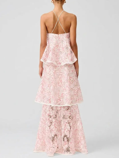 Belted Lace-Tiered Paneled Midi Dress - Dresses