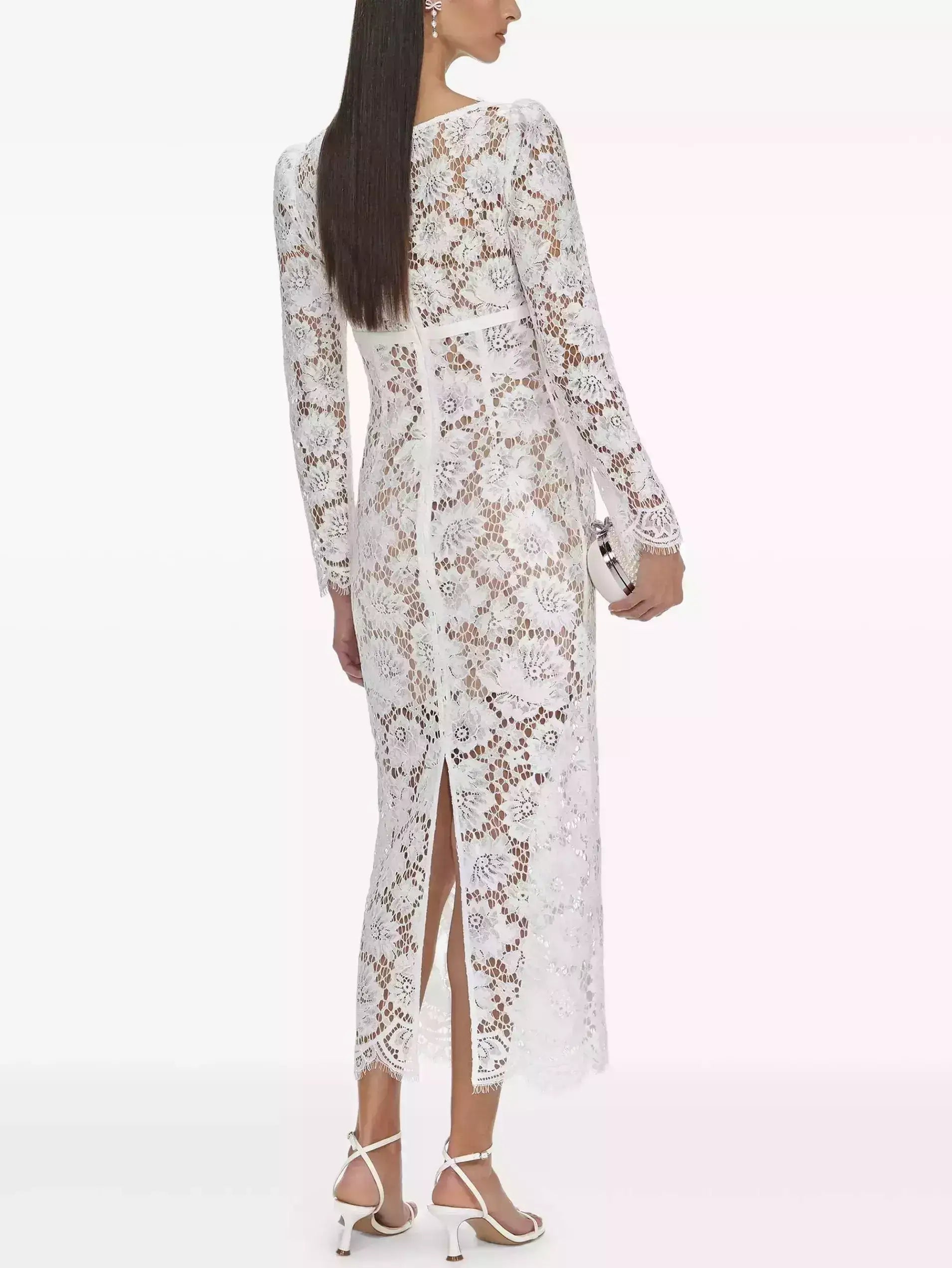 Floral Lace White Long-Sleeve Midi Dress - Dresses