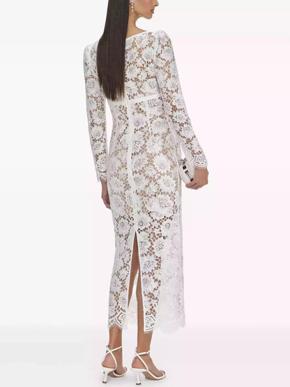 Floral Lace White Long-Sleeve Midi Dress - Dresses