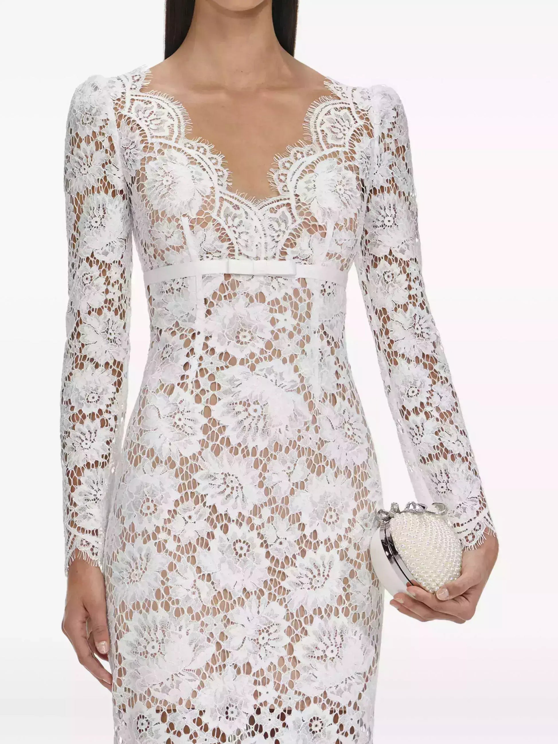 Floral Lace White Long-Sleeve Midi Dress - Dresses