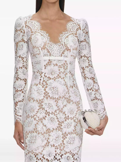 Floral Lace White Long-Sleeve Midi Dress - Dresses