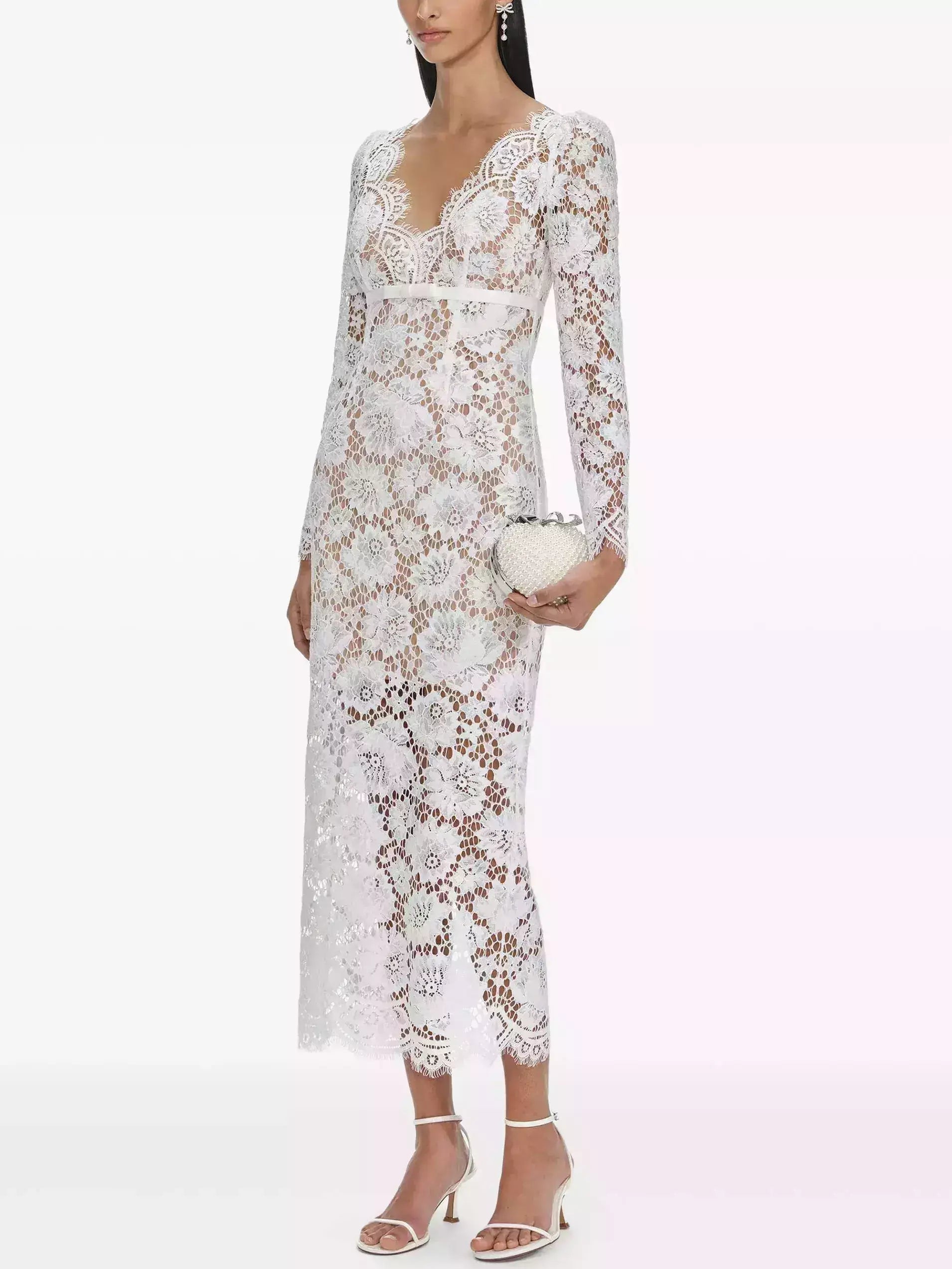 Floral Lace White Long-Sleeve Midi Dress - Dresses