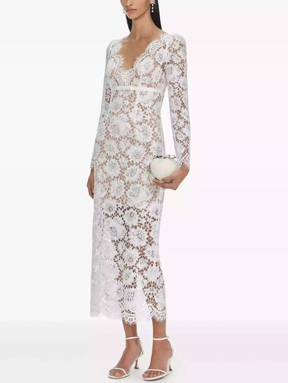 Floral Lace White Long-Sleeve Midi Dress - Dresses
