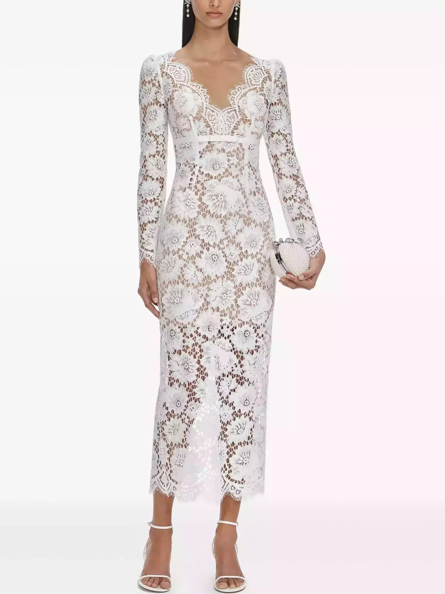 Floral Lace White Long-Sleeve Midi Dress - Dresses