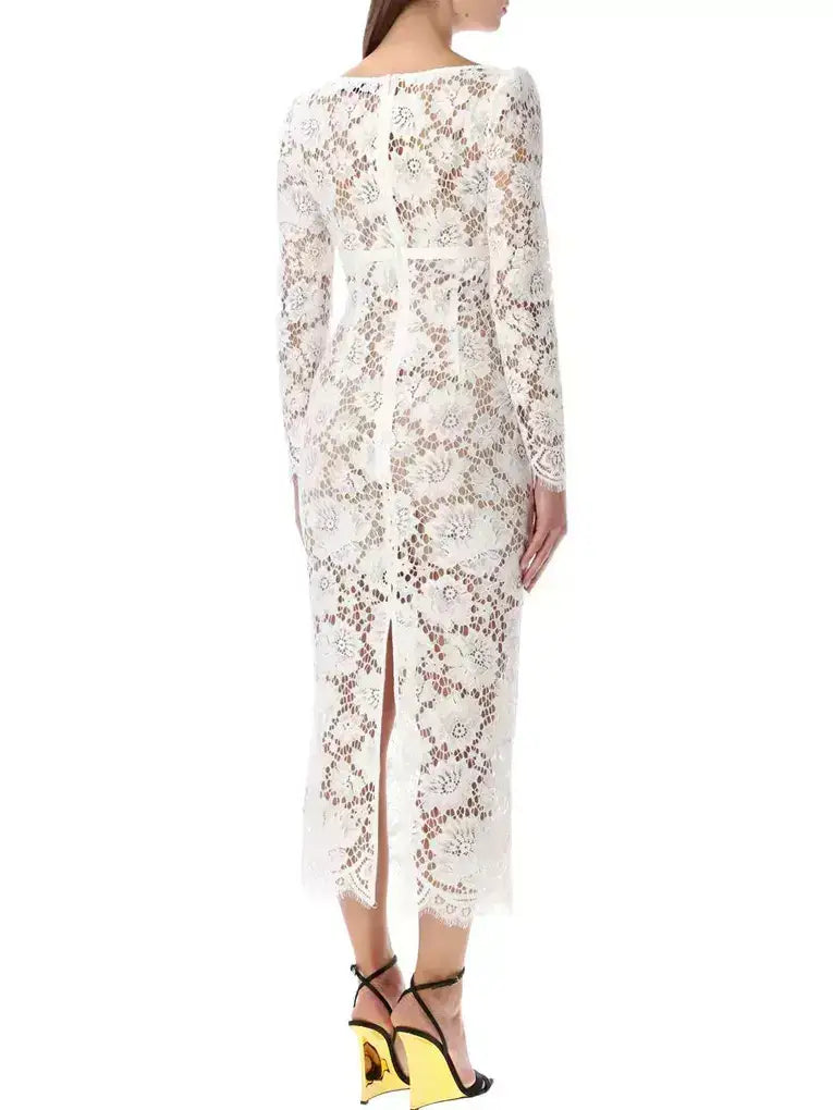Floral Lace White Long-Sleeve Midi Dress - Dresses