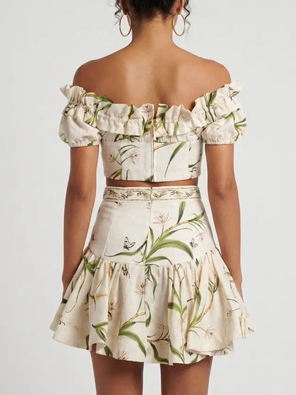 Floral Linen Off Shoulder Crop Top and Skirt Set - Suits & Sets