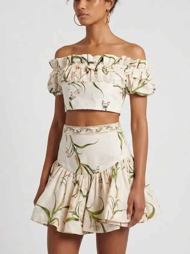 Floral Linen Off Shoulder Crop Top and Skirt Set - Suits & Sets
