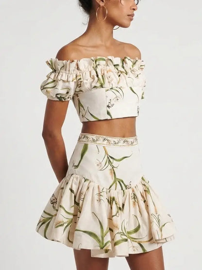 Floral Linen Off Shoulder Crop Top and Skirt Set - Suits & Sets